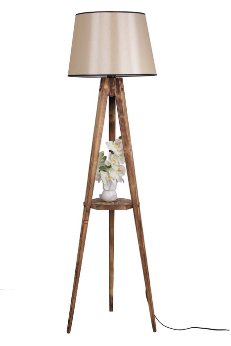 Opviq Lámpara de Pie de Madera con Estante y Pantalla de Tela Marrón Opviq Lámpara de Pie de Madera con Estante y Pantalla de Tela Marrón